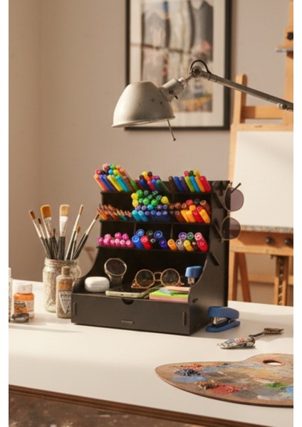 Coral 9 Gözlü Çekmeceli Masaüstü Ahşap Organizer Kalemlik- Takı Makyaj Çok Amaçlı Organizer