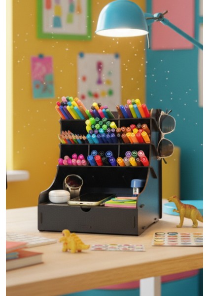 Coral 9 Gözlü Çekmeceli Masaüstü Ahşap Organizer Kalemlik- Takı Makyaj Çok Amaçlı Organizer