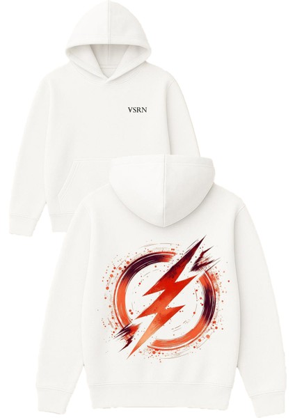 Şimşek Kırmızı Tasarım Baskılı Oversize Beyaz Kapüşonlu Sweatshirt