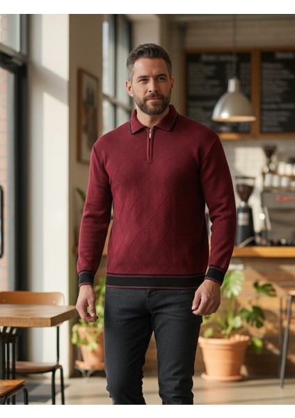 Erkek Çelik Örgü Önü Dokulu Gömlek Yaka Fermuarlı Polo Yakalı Tüylenmeyen Triko Kışlık Baba Kazak