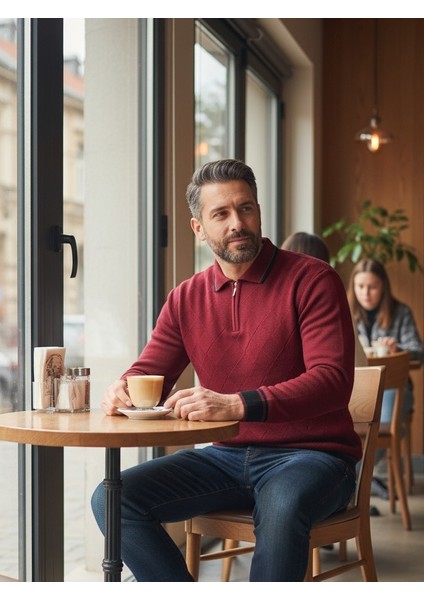 Erkek Çelik Örgü Önü Dokulu Gömlek Yaka Fermuarlı Polo Yakalı Tüylenmeyen Triko Kışlık Baba Kazak modelleri