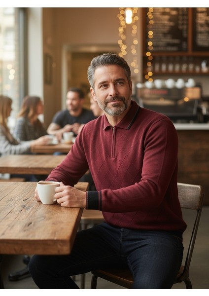 Erkek Çelik Örgü Önü Dokulu Gömlek Yaka Fermuarlı Polo Yakalı Tüylenmeyen Triko Kışlık Baba Kazak fırsatları