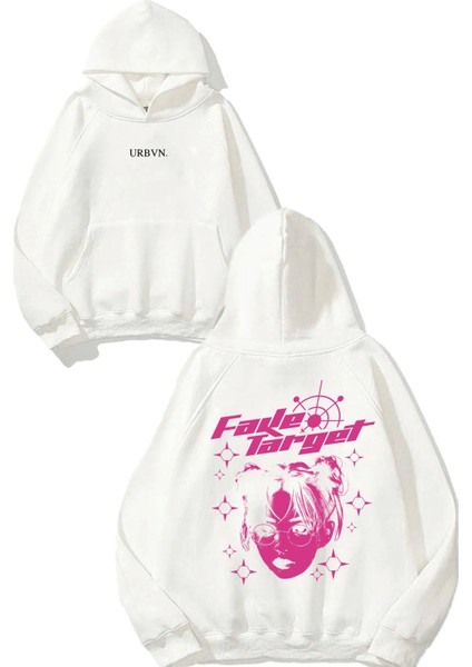 Fake Target Tasarım Baskılı Oversize Beyaz Kapüşonlu Sweatshirt