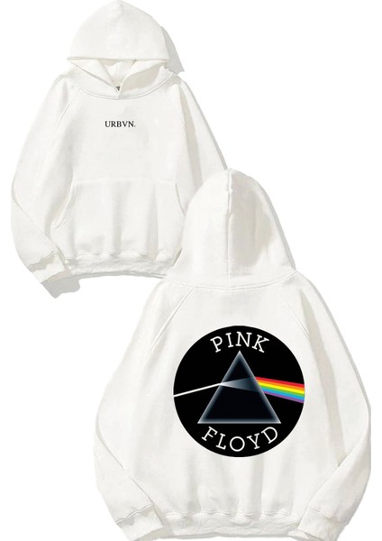 Floyd Tasarım Baskılı Oversize Beyaz Kapüşonlu Sweatshirt