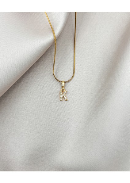 Fıora Çelik Zirkon Taşlı Harf Kolye Sade Şık Gold Ayarlanabilir Zincir Tüm Alfabe