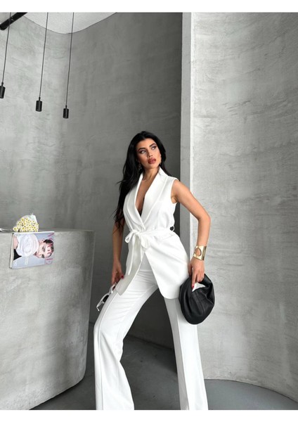 Kadın Şal Yaka Kuşaklı Yelekli Palazzo Pantolonlu Takım Elbise fiyatları