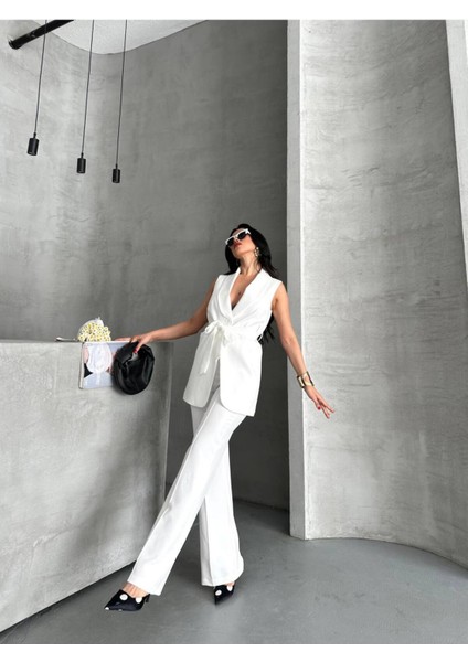 Kadın Şal Yaka Kuşaklı Yelekli Palazzo Pantolonlu Takım Elbise