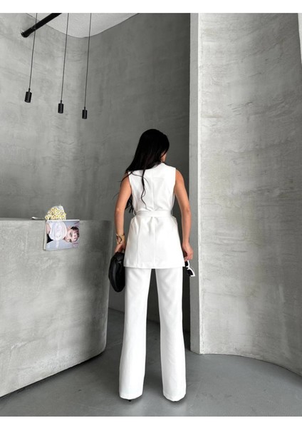 Kadın Şal Yaka Kuşaklı Yelekli Palazzo Pantolonlu Takım Elbise