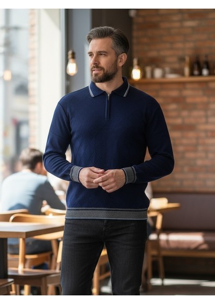 Erkek Çelik Örgü Önü Dokulu Gömlek Yaka Fermuarlı Polo Yakalı Tüylenmeyen Triko Kışlık Baba Kazak