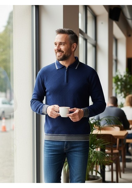 Erkek Çelik Örgü Önü Dokulu Gömlek Yaka Fermuarlı Polo Yakalı Tüylenmeyen Triko Kışlık Baba Kazak modelleri