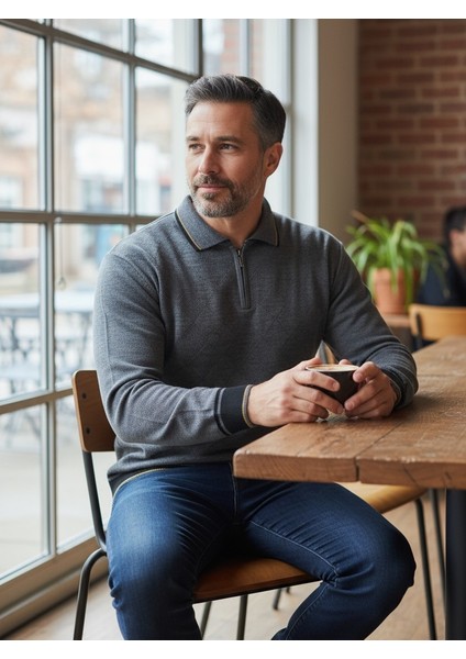 Erkek Çelik Örgü Önü Dokulu Gömlek Yaka Fermuarlı Polo Yakalı Tüylenmeyen Triko Kışlık Baba Kazak