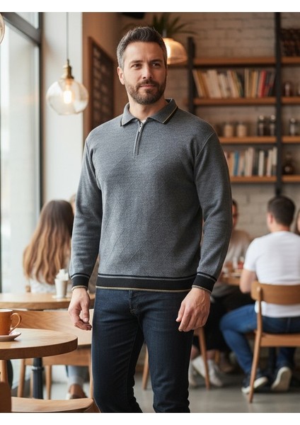 Erkek Çelik Örgü Önü Dokulu Gömlek Yaka Fermuarlı Polo Yakalı Tüylenmeyen Triko Kışlık Baba Kazak fiyatları