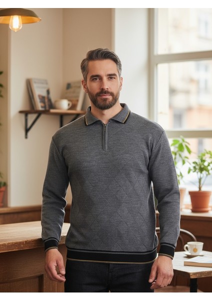 Erkek Çelik Örgü Önü Dokulu Gömlek Yaka Fermuarlı Polo Yakalı Tüylenmeyen Triko Kışlık Baba Kazak modelleri