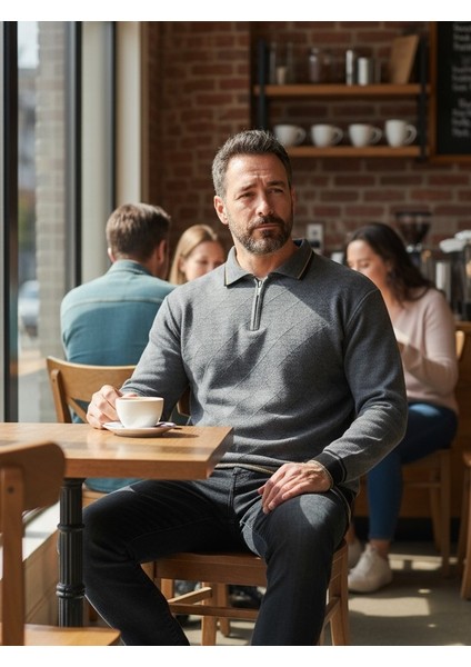 Erkek Çelik Örgü Önü Dokulu Gömlek Yaka Fermuarlı Polo Yakalı Tüylenmeyen Triko Kışlık Baba Kazak fırsatları