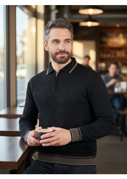 Erkek Çelik Örgü Önü Dokulu Gömlek Yaka Fermuarlı Polo Yakalı Tüylenmeyen Triko Kışlık Baba Kazak fiyatları