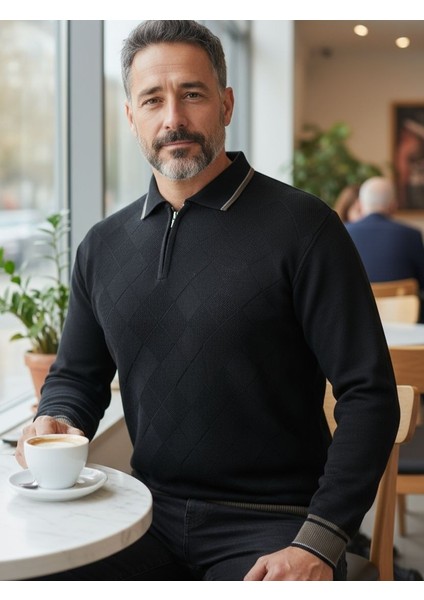 Erkek Çelik Örgü Önü Dokulu Gömlek Yaka Fermuarlı Polo Yakalı Tüylenmeyen Triko Kışlık Baba Kazak modelleri