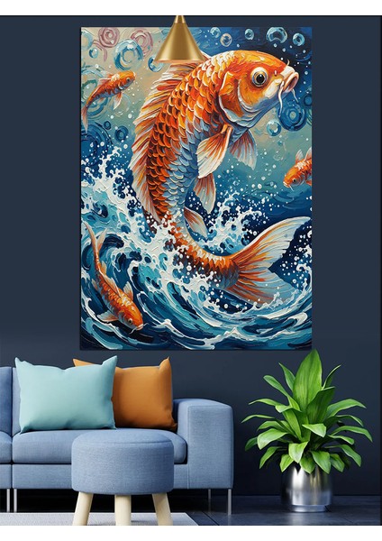 Japon Koi Balığı Su Sıçraması Sanatı Dekoratif Kanvas - Mdf Ahşap Tablo modelleri