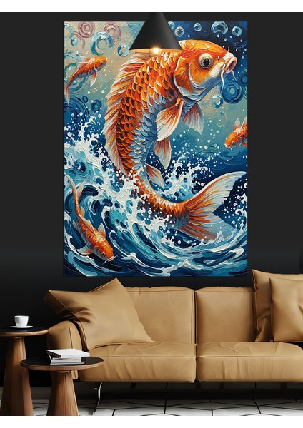 Japon Koi Balığı Su Sıçraması Sanatı Dekoratif Kanvas - Mdf Ahşap Tablo fırsatları