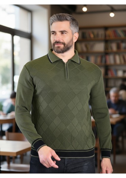 Erkek Çelik Örgü Önü Dokulu Gömlek Yaka Fermuarlı Polo Yakalı Tüylenmeyen Triko Kışlık Baba Kazak
