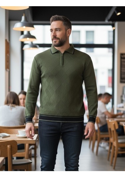 Erkek Çelik Örgü Önü Dokulu Gömlek Yaka Fermuarlı Polo Yakalı Tüylenmeyen Triko Kışlık Baba Kazak fırsatları