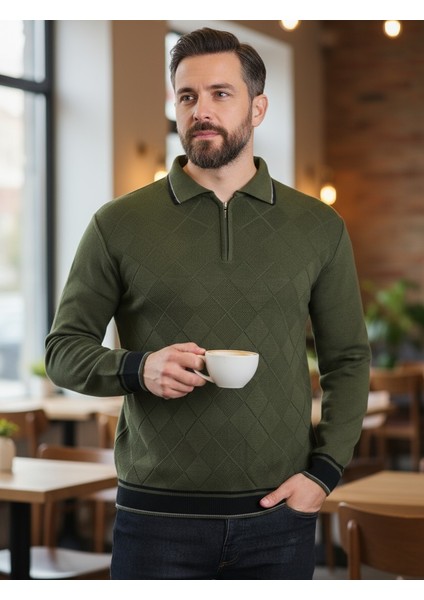 Erkek Çelik Örgü Önü Dokulu Gömlek Yaka Fermuarlı Polo Yakalı Tüylenmeyen Triko Kışlık Baba Kazak modelleri