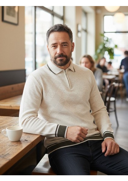 Erkek Çelik Örgü Önü Dokulu Gömlek Yaka Fermuarlı Polo Yakalı Tüylenmeyen Triko Kışlık Baba Kazak