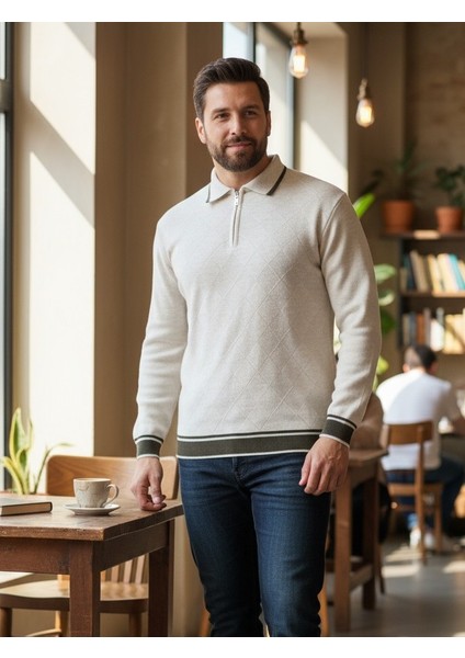 Erkek Çelik Örgü Önü Dokulu Gömlek Yaka Fermuarlı Polo Yakalı Tüylenmeyen Triko Kışlık Baba Kazak fırsatları