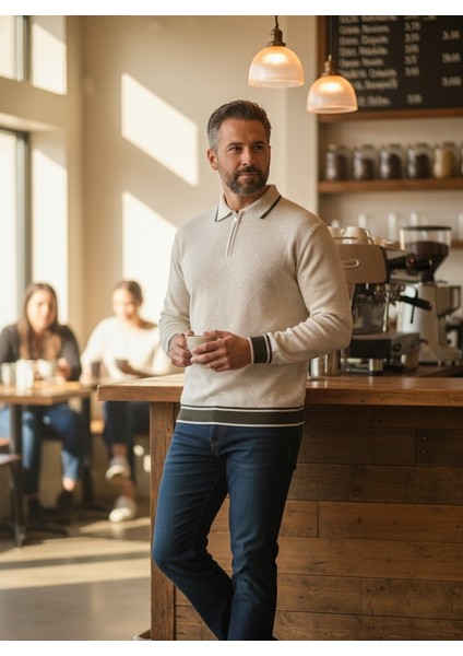 Erkek Çelik Örgü Önü Dokulu Gömlek Yaka Fermuarlı Polo Yakalı Tüylenmeyen Triko Kışlık Baba Kazak
