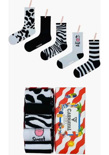 Sweet Milk 5’li Siyah Beyaz Desenli Çorap Seti | Unisex Hediye Kutulu Çoraplar