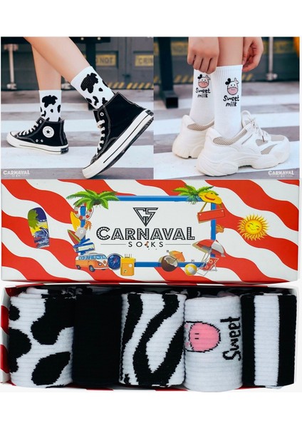Sweet Milk 5’li Siyah Beyaz Desenli Çorap Seti | Unisex Hediye Kutulu Çoraplar fiyatları