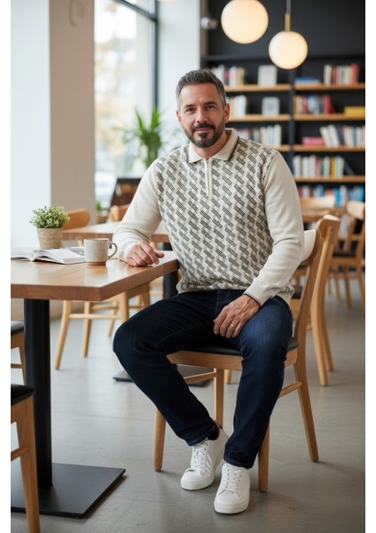 Erkek Çelik Örgü Gömlek Yaka Fermuarlı Polo Yakalı Piramit Desen Tüylenmeyen Triko Kışlık Baba Kazak