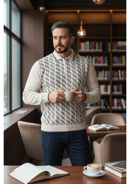 Erkek Çelik Örgü Gömlek Yaka Fermuarlı Polo Yakalı Piramit Desen Tüylenmeyen Triko Kışlık Baba Kazak modelleri