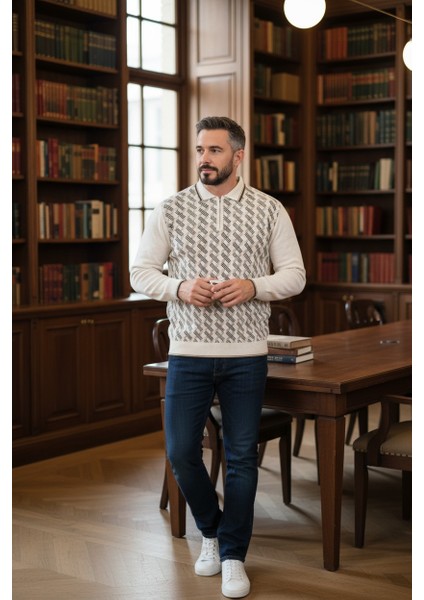 Erkek Çelik Örgü Gömlek Yaka Fermuarlı Polo Yakalı Piramit Desen Tüylenmeyen Triko Kışlık Baba Kazak fırsatları