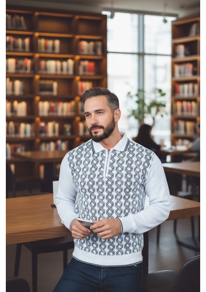 Erkek Çelik Örgü Gömlek Yaka Fermuarlı Polo Yakalı Piramit Desen Tüylenmeyen Triko Kışlık Baba Kazak