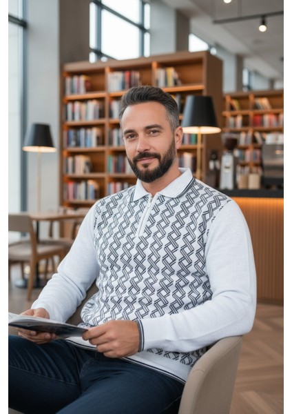 Erkek Çelik Örgü Gömlek Yaka Fermuarlı Polo Yakalı Piramit Desen Tüylenmeyen Triko Kışlık Baba Kazak fiyatları