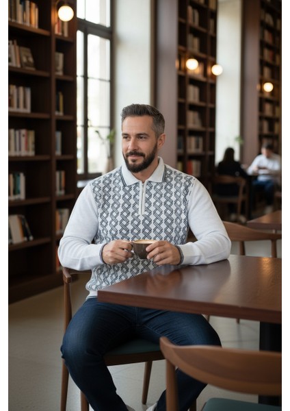 Erkek Çelik Örgü Gömlek Yaka Fermuarlı Polo Yakalı Piramit Desen Tüylenmeyen Triko Kışlık Baba Kazak modelleri