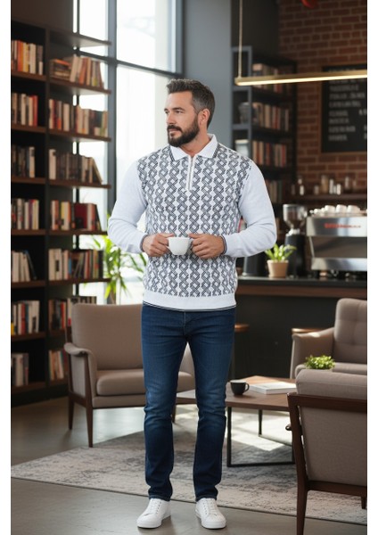 Erkek Çelik Örgü Gömlek Yaka Fermuarlı Polo Yakalı Piramit Desen Tüylenmeyen Triko Kışlık Baba Kazak indirimleri