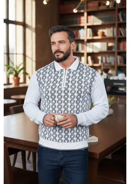 Erkek Çelik Örgü Gömlek Yaka Fermuarlı Polo Yakalı Piramit Desen Tüylenmeyen Triko Kışlık Baba Kazak fırsatları