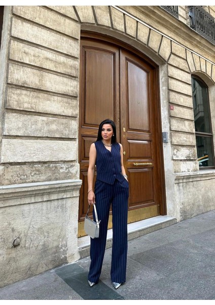 Kadın Klasik Çizgili Yelek Pantolon Takım Elbise fiyatları