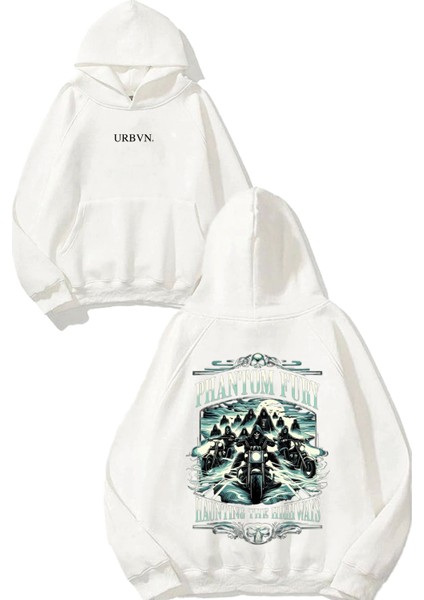 Phantom Fury Tasarım Baskılı Oversize Beyaz Kapüşonlu Sweatshirt