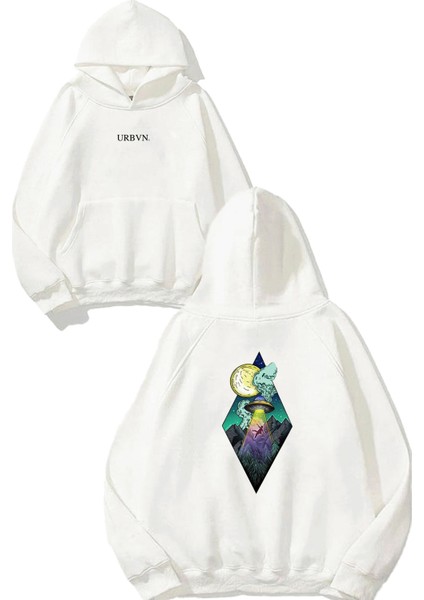 Space Tasarım Baskılı Oversize Beyaz Kapüşonlu Sweatshirt
