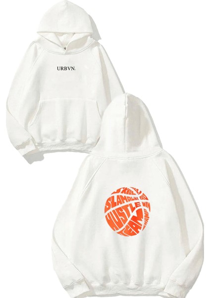 Basketbol Tasarım Baskılı Oversize Beyaz Kapüşonlu Sweatshirt