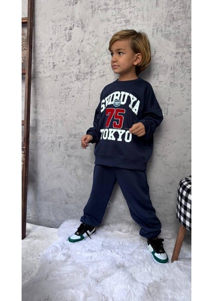 Tokyo Baskılı Lacviert 3 Iplik Erkek Çocuk Alt Üst Takım Süper Kalite Kumaş