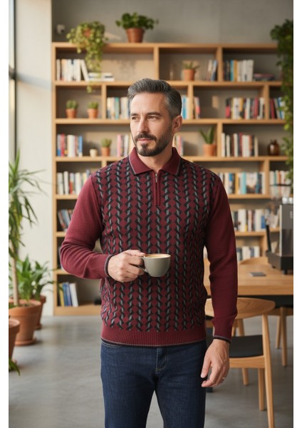 Erkek Çelik Örgü Gömlek Yaka Fermuarlı Polo Yakalı Dikine Zikzak Çizgi Tüylenmez Triko Kışlık Kazak