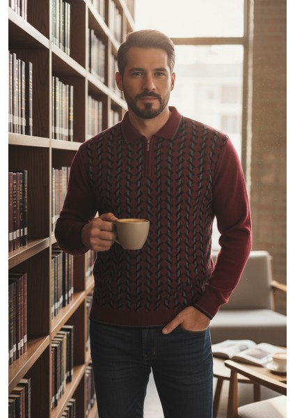 Erkek Çelik Örgü Gömlek Yaka Fermuarlı Polo Yakalı Dikine Zikzak Çizgi Tüylenmez Triko Kışlık Kazak fiyatları