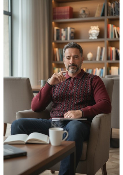 Erkek Çelik Örgü Gömlek Yaka Fermuarlı Polo Yakalı Dikine Zikzak Çizgi Tüylenmez Triko Kışlık Kazak modelleri