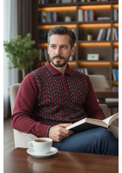 Erkek Çelik Örgü Gömlek Yaka Fermuarlı Polo Yakalı Dikine Zikzak Çizgi Tüylenmez Triko Kışlık Kazak fırsatları