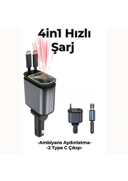 4in1 Hızlı Şarj Adaptörü Type-C Destekli 2 Kablolu + Ambiyans Işıklı Şarj Cihaz