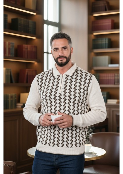 Erkek Çelik Örgü Gömlek Yaka Fermuarlı Polo Yakalı Dikine Zikzak Çizgi Tüylenmez Triko Kışlık Kazak