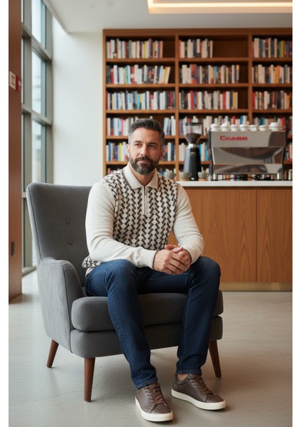 Erkek Çelik Örgü Gömlek Yaka Fermuarlı Polo Yakalı Dikine Zikzak Çizgi Tüylenmez Triko Kışlık Kazak fiyatları